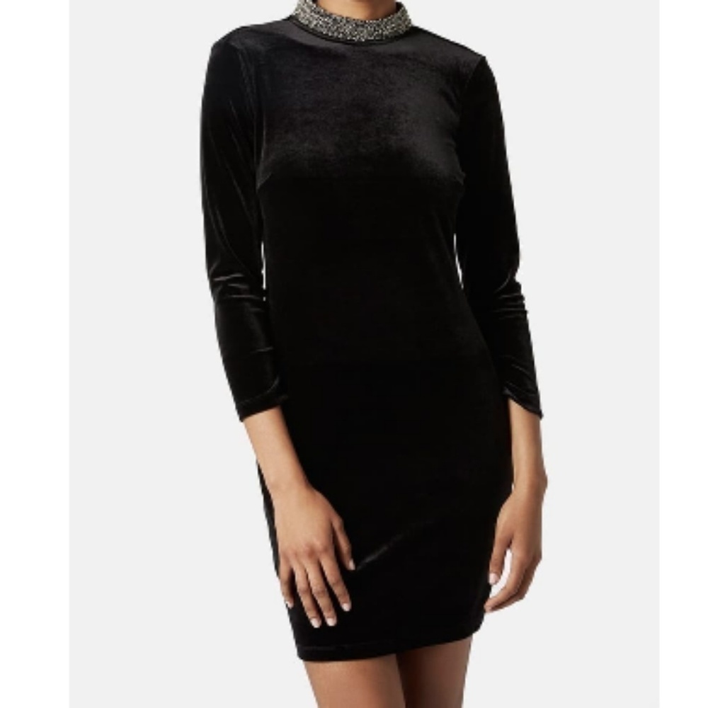 Topshop Velvet Bodycon‎ Beaded Funnel Neck Dress